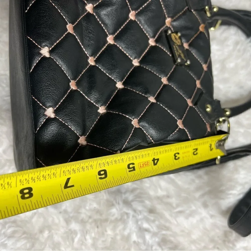 Betsey Johnson small quilted black Boston bag with pink heart embroidery
